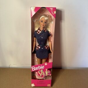Vintage 1997 Barbie Style Mattel #18219 Platinum Blond Hair Denim Dress New NRFB